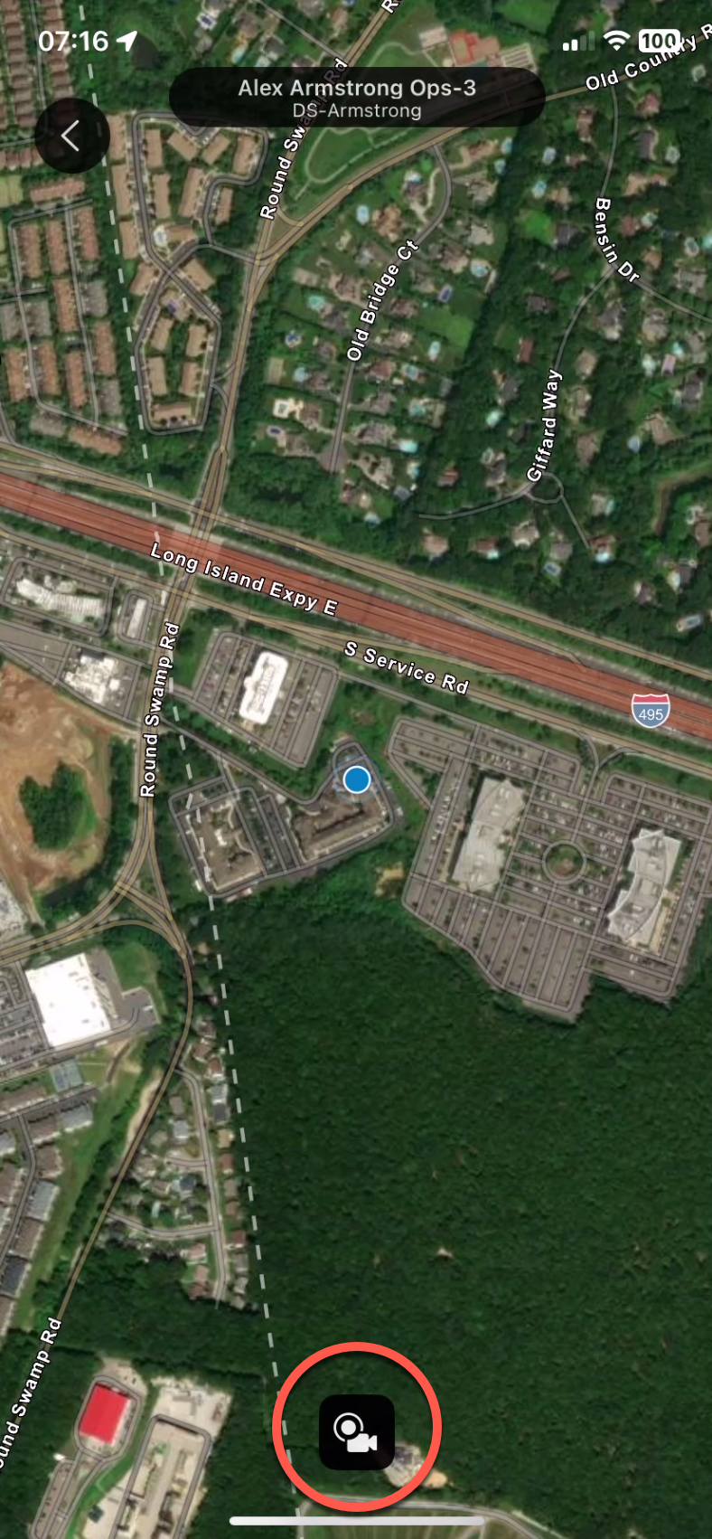 OpsHub Mobile app on the Map screen with red circle around button