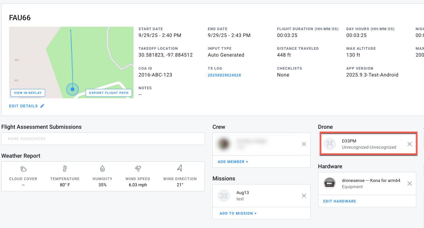 Airbase flight log entry showing Unrecognized–Unrecognized