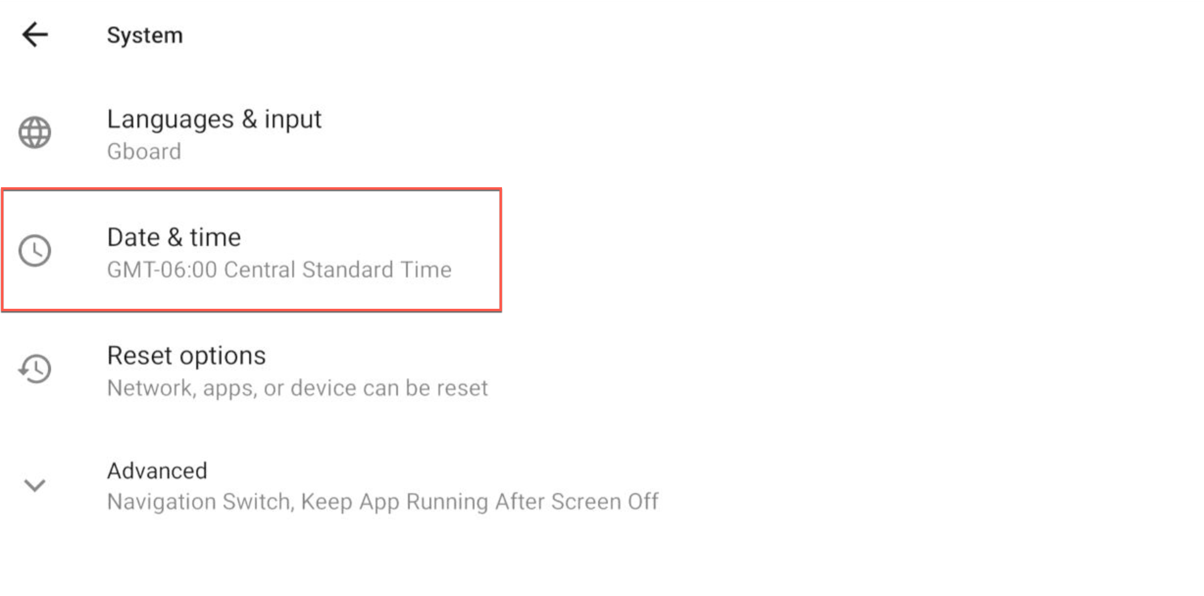 Date and time settings screen