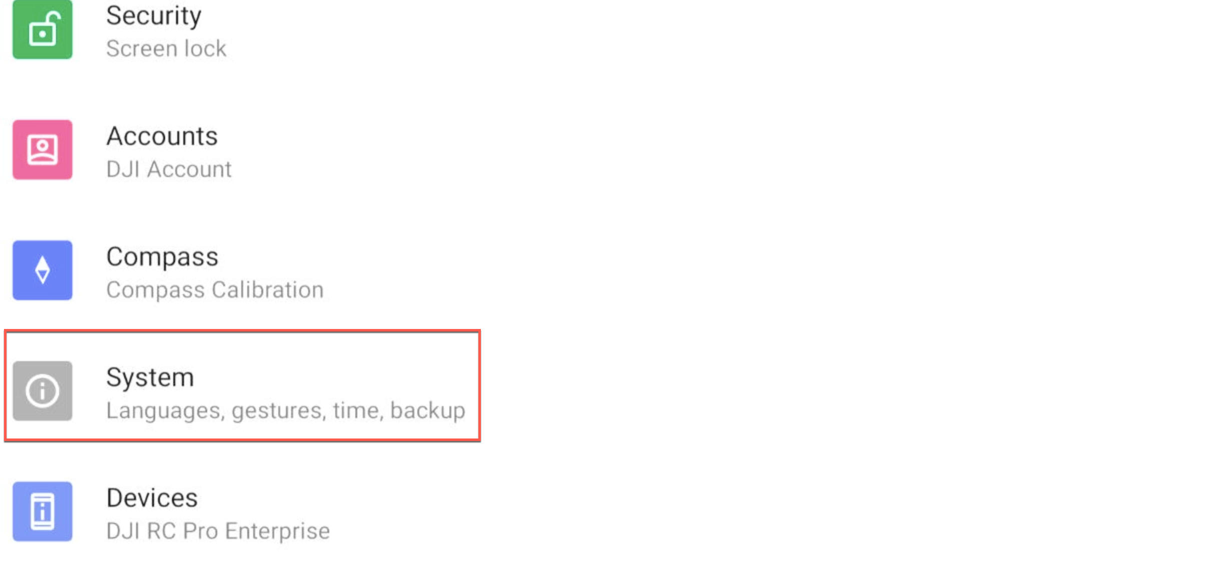 System settings screen