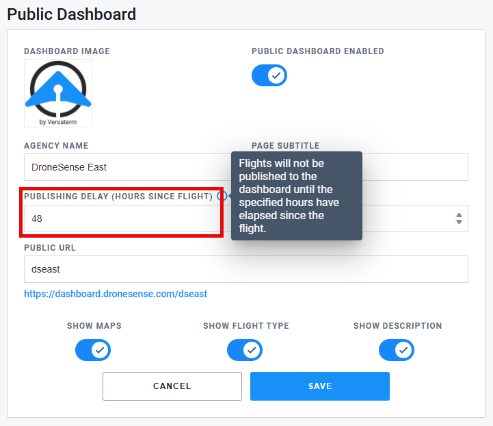 Public dashboard setting with red box highlighting Publishing Delay setting