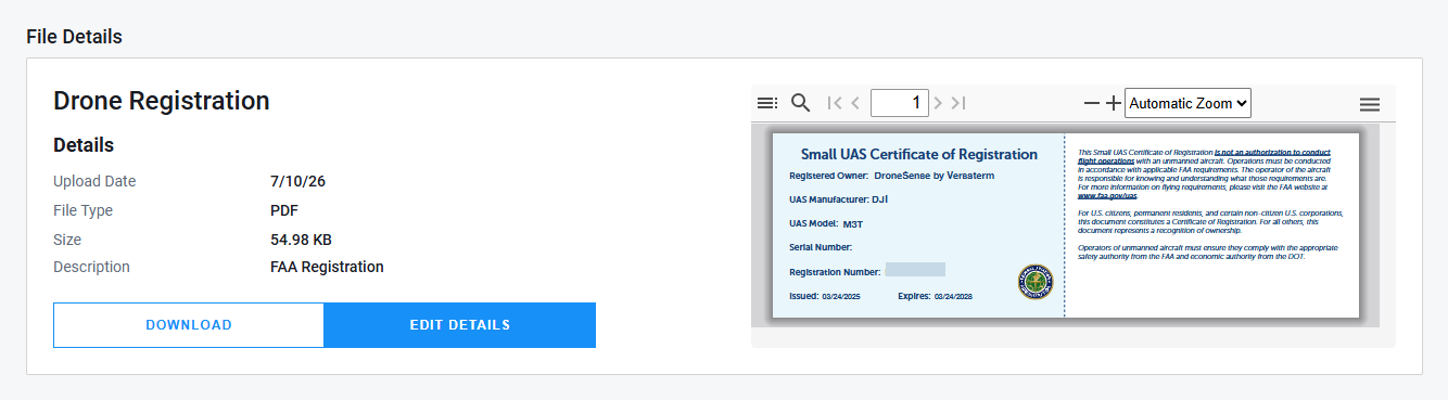 Drone registration file with preview of PDF file