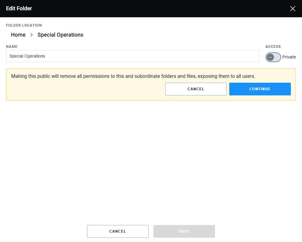 Warning shown when changing a folder's access to Public.