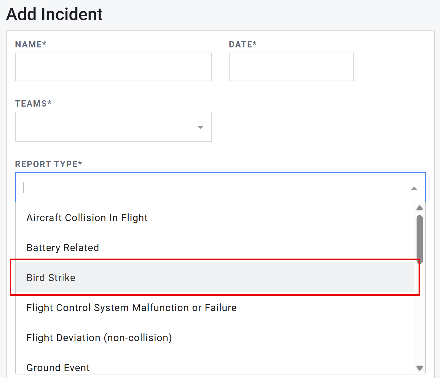 Add Incident dialog with Report Type menu open with Bird Strike option