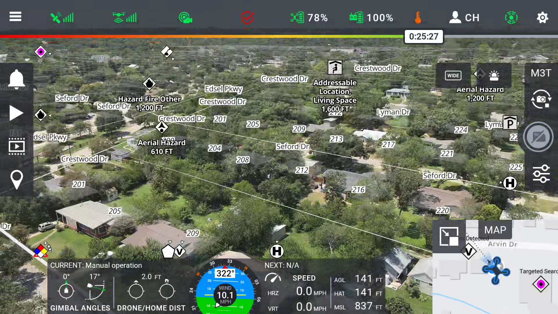 Image from drone camera showing street names, house numbers and markers.