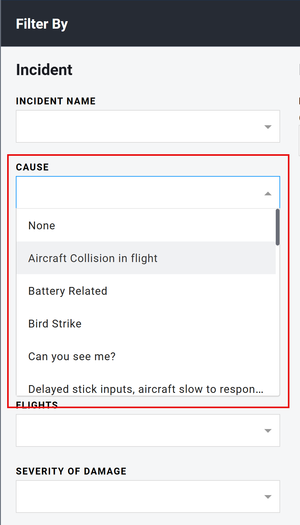 Cause filter options