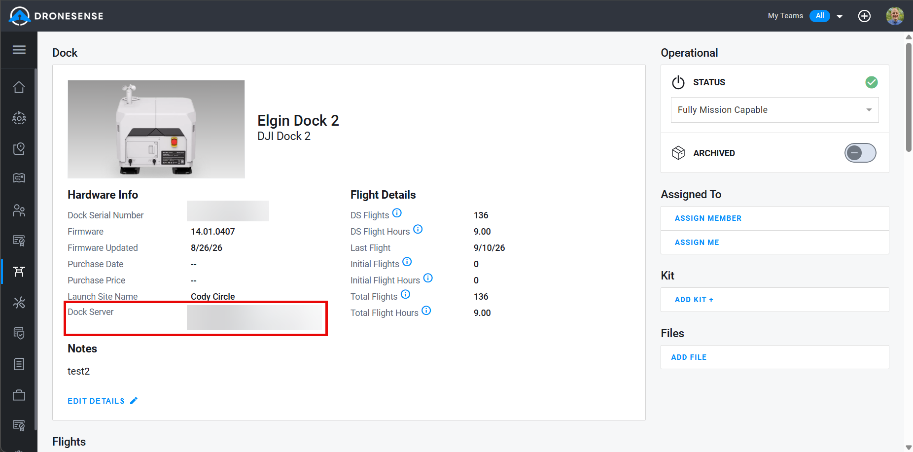 Dock Server detail on Hardware page