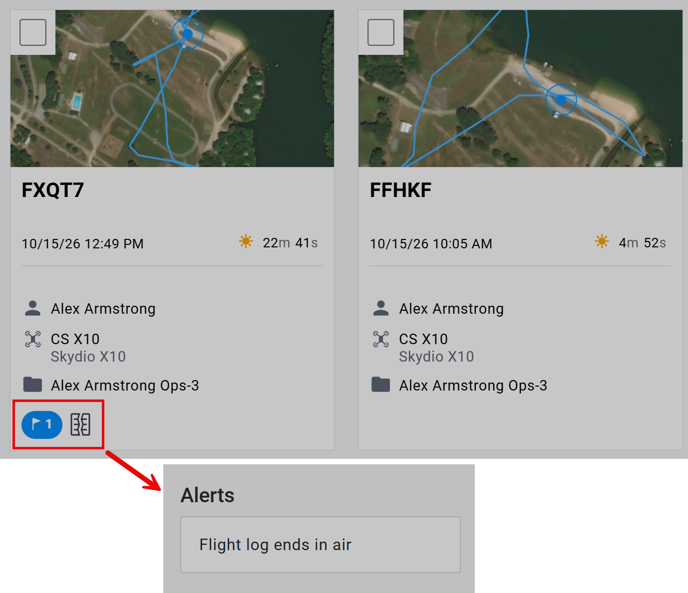 Example of alert on an existing Skydio flight